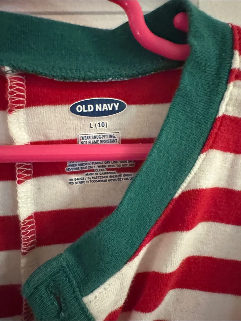 Old Navy Red & White Striped Kids One-Piece Pajama with Green Trim